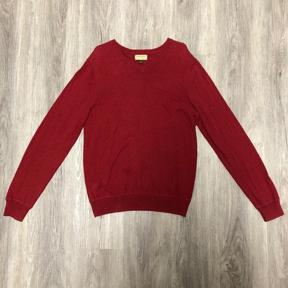 Sonoma V-Neck Sweater Men's Size Small Red 100% Cotton Knit Long Sleeve Shirt